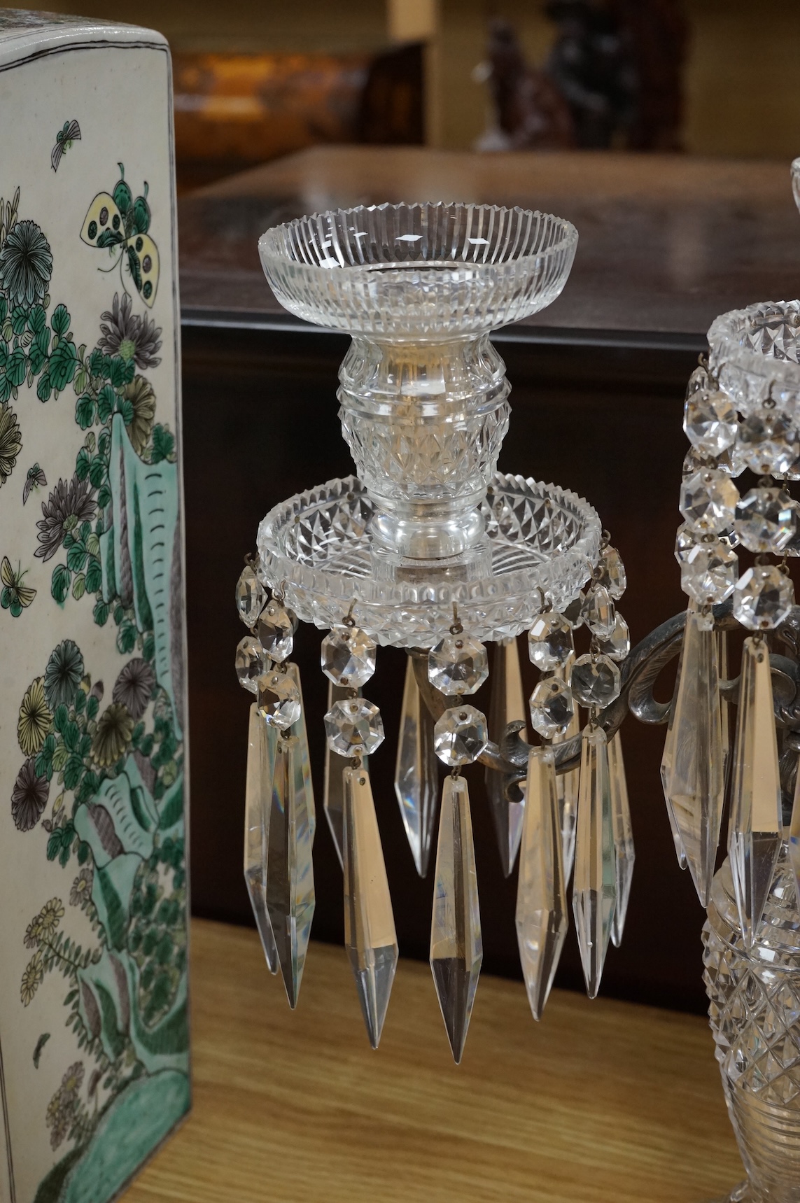 A pair of Victorian cut glass candelabra, probably Perry & Co, in Regency style, for electricity, 38cm